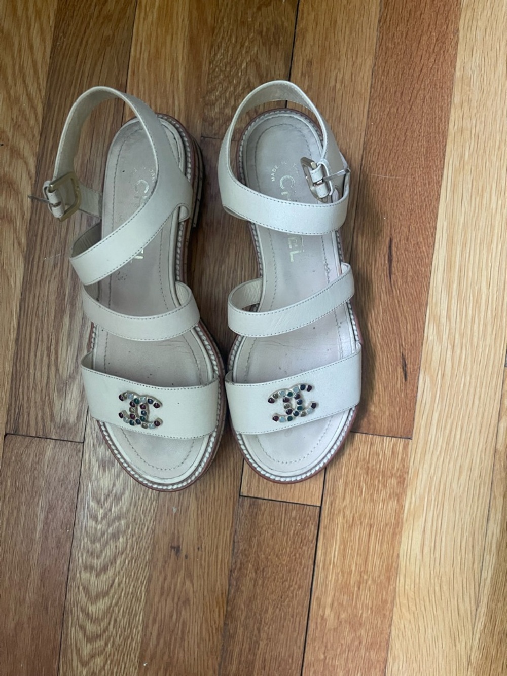 Chanel Beige Leather Strappy Sandals with Decorative Accent